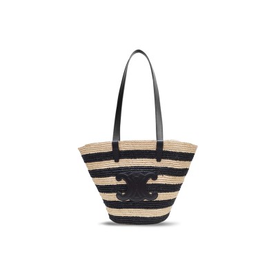 CELINE MEDIUM SUPPLE CELINE CLASSIC PANIER IN RAFFIA AND CALFSKIN 114342FF7.07OD (30*22*14cm)